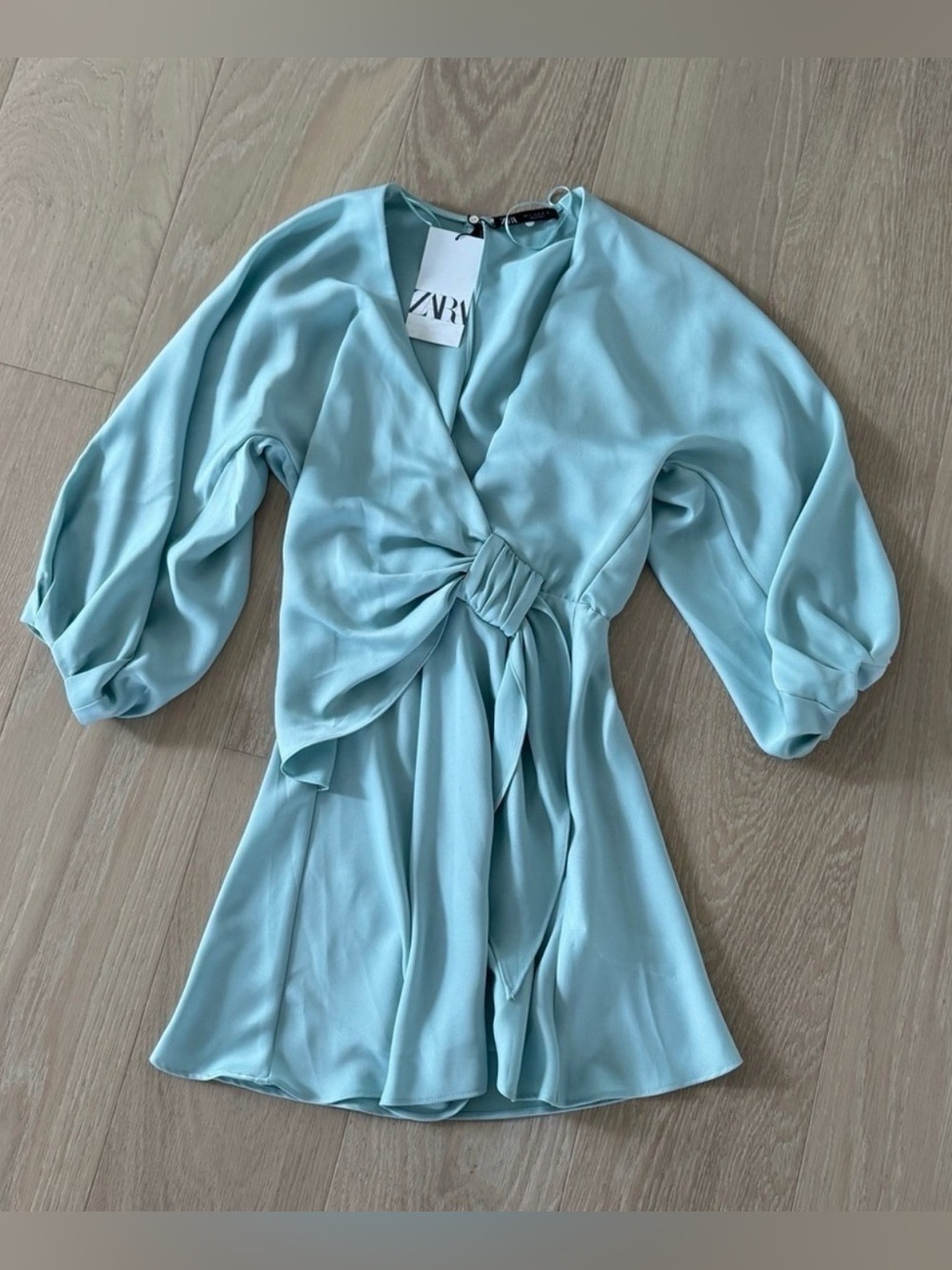 ZARA Blue Satin Wrap Mini Dress Balloon Long Sleeve Belted S